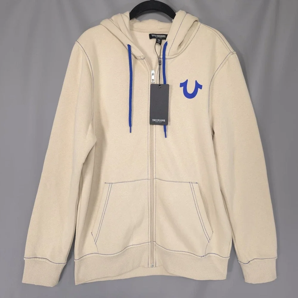 TRUE RELIGION Men's New MEDIUM Full Zip Hoodie Fog Beige Buddha Guitar 701400